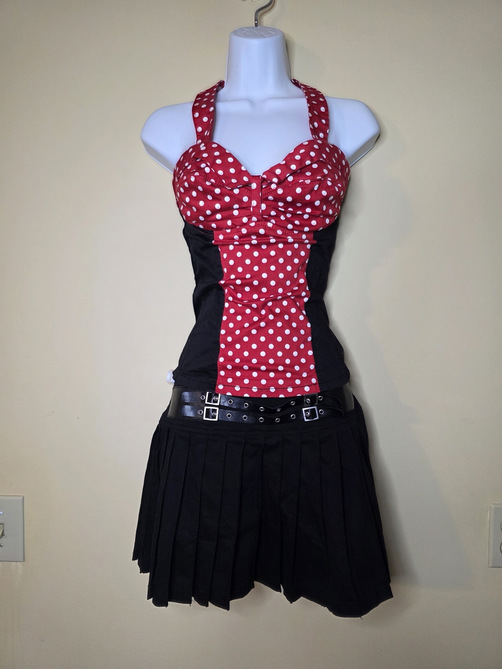 Red Polka Dot Halter Top & Black Pleated Skirt Set